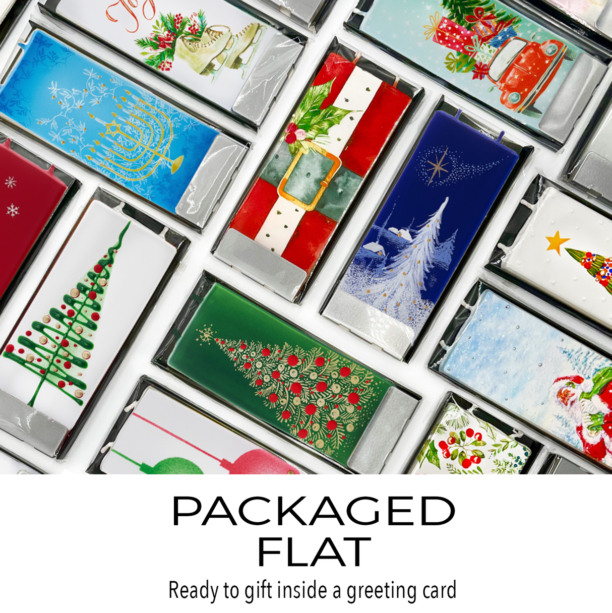 Festive holiday chocolate bars packaged flat, with designs like trees, ornaments, menorahs, Santa & cars—perfect to gift with Candle: Wine in Vineyard - Flat Candle Flatyz. Text: PACKAGED FLAT Ready to gift inside a greeting card.