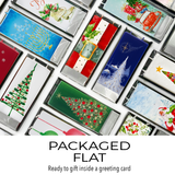 Festive holiday chocolate bars packaged flat, with designs like trees, ornaments, menorahs, Santa & cars—perfect to gift with Candle: Wine in Vineyard - Flat Candle Flatyz. Text: PACKAGED FLAT Ready to gift inside a greeting card.