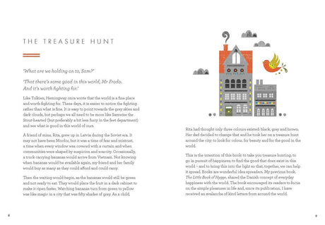 A book spread inspired by Book: Little Book of Lykke by Meik Wiking shows a tall, thin building, text about books and reading, and features trees and a bird to add happiness on both left and right pages.