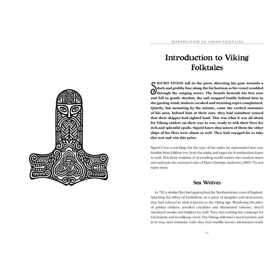 A page from Book: Viking and Nordic Folktales, General Editor Jake Jackson, featuring a Viking helmet illustration and stylized text exploring classic tales, sea wolves, and Scandinavian storytelling traditions.