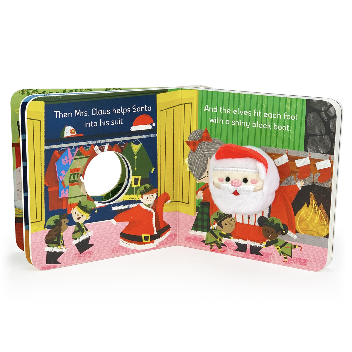 A toddler Christmas book featuring an integrated plush Santa finger puppet and illustrations of Santa getting dressed with the help of elves.