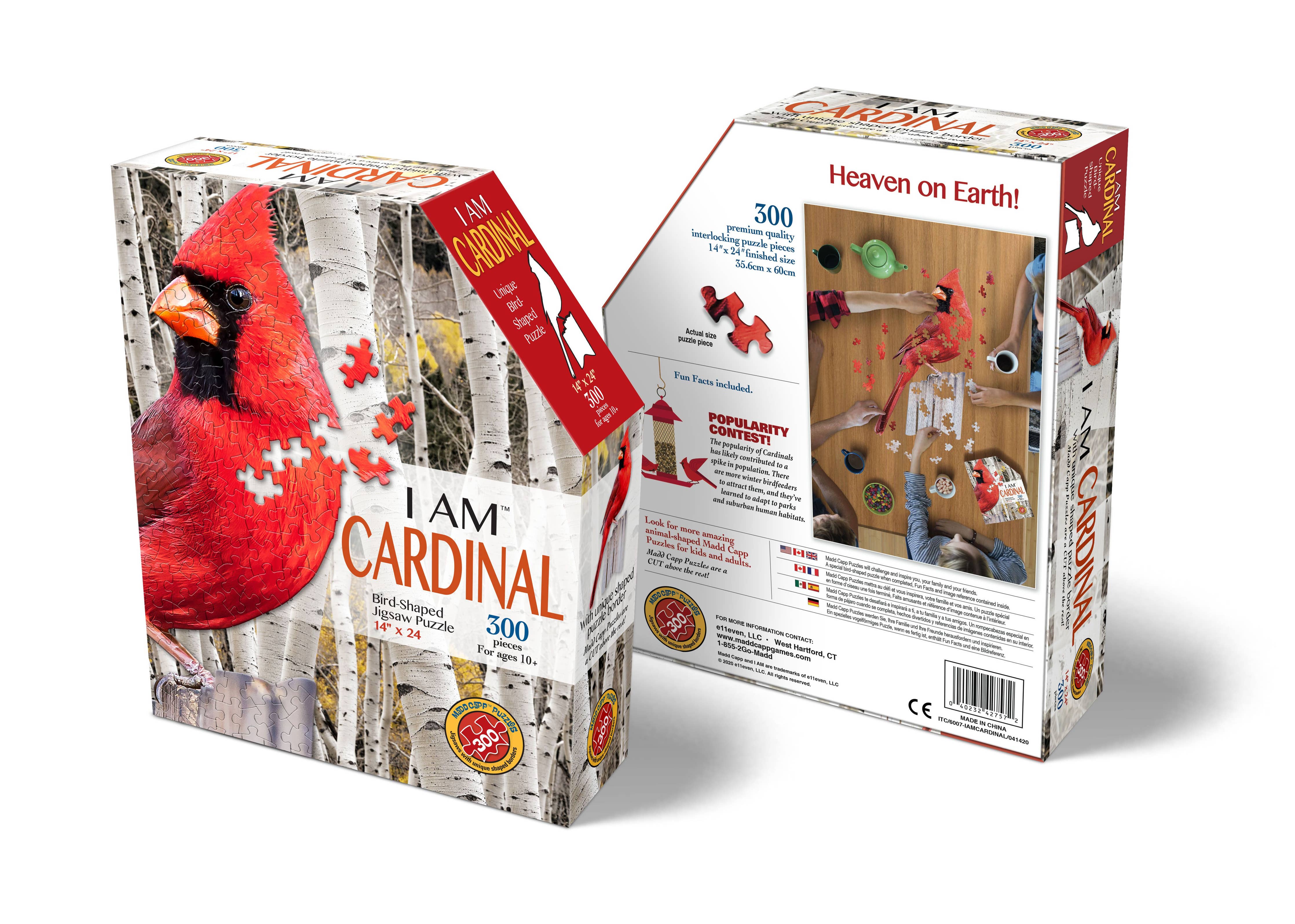 The "I AM CARDINAL" 300-piece puzzle brings a breathtaking cardinal bird to life on the box's front, complemented by an image of the finished puzzle on the back. Each uniquely-shaped piece makes this educational jigsaw a heavenly and captivating experience that is bound to be a favorite!