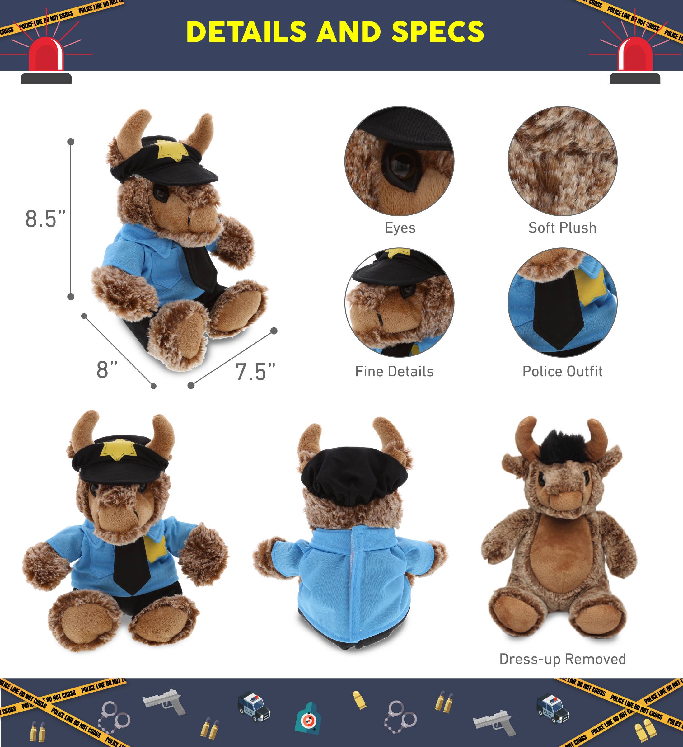 Plush: Sitting Buffalo Police Stuffed Animal shown from multiple angles with close-ups of its detailed, removable police uniform—an adorable plush perfect for kids or collectors.