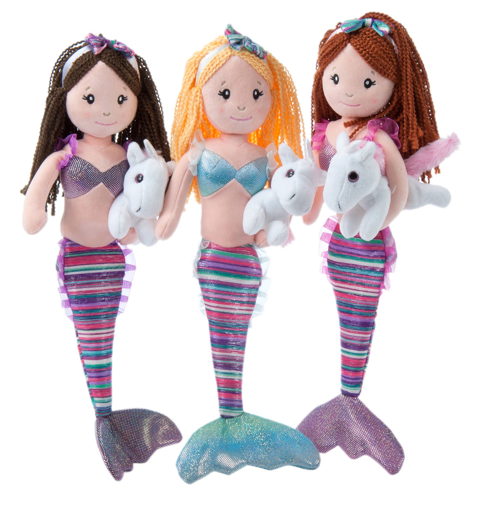 Three Plush: Boho Mermaid & Unicorn 17 stuffed dolls with striped tails and seashell tops hold white seahorses, standing side by side against a white background—a perfect plush toy collection for mermaid lovers.
