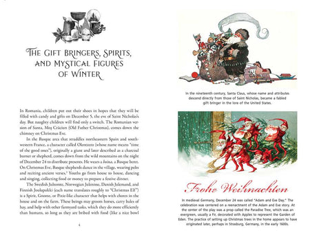 Two pages from Sacred Herbs of Yule and Christmas by Ellen Evert Hopman feature images of Santa Claus and angels, with text on Christmas and Winter Solstice customs in Romania, Spain, and Germany.
