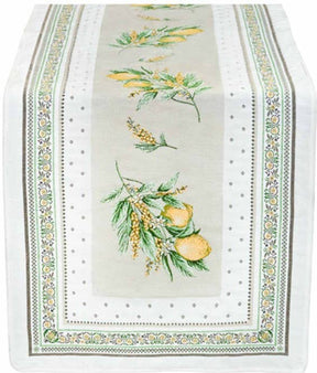 Table runner featuring lemons and flowers on a cream background, bordered by green, yellow, and white bands with small dots; jacquard fabric.