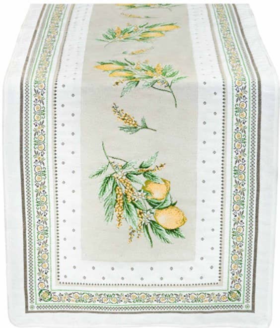 Table runner featuring lemons and flowers on a cream background, bordered by green, yellow, and white bands with small dots; jacquard fabric.