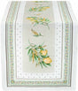 Table runner featuring lemons and flowers on a cream background, bordered by green, yellow, and white bands with small dots; jacquard fabric.