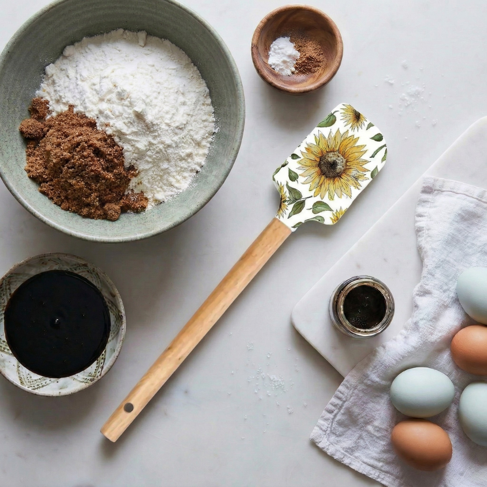 A spatula with a sunflower design on the handle lies on a countertop next to bowls of flour, brown sugar, eggs, a jar of spices, and a white towel.