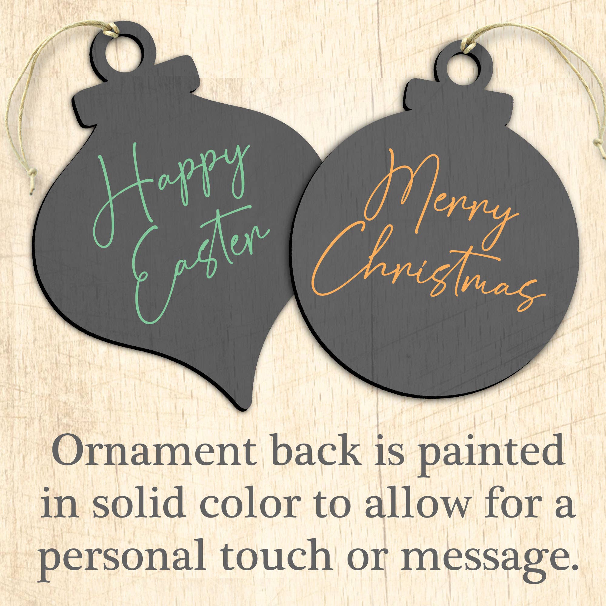 A set of two black ornament-shaped tags handcrafted by G.DeBrekht Artistic Studios, with "Happy Easter" and "Merry Christmas" text, allowing for personalization on the solid-colored back. These Ornament: ANGEL CARDINAL Wood Ornament Gelsinger Holiday tags are designed to be weather resistant for year-round durability.