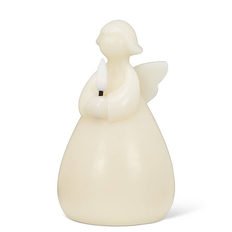 An ivory angel-shaped candle holder with wings gently cradles the Angel LED Candle: Ivory 6", casting a serene ambient glow against a plain background. The candle's convenient 6-hour timer guarantees effortless elegance in any setting.