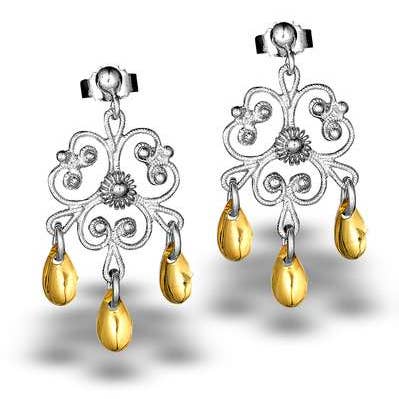 Sølje Flower Earrings in sterling silver feature delicate floral and scrollwork details, inspired by Norwegian jewelry, with three gold spoon-shaped dangles on each earring.