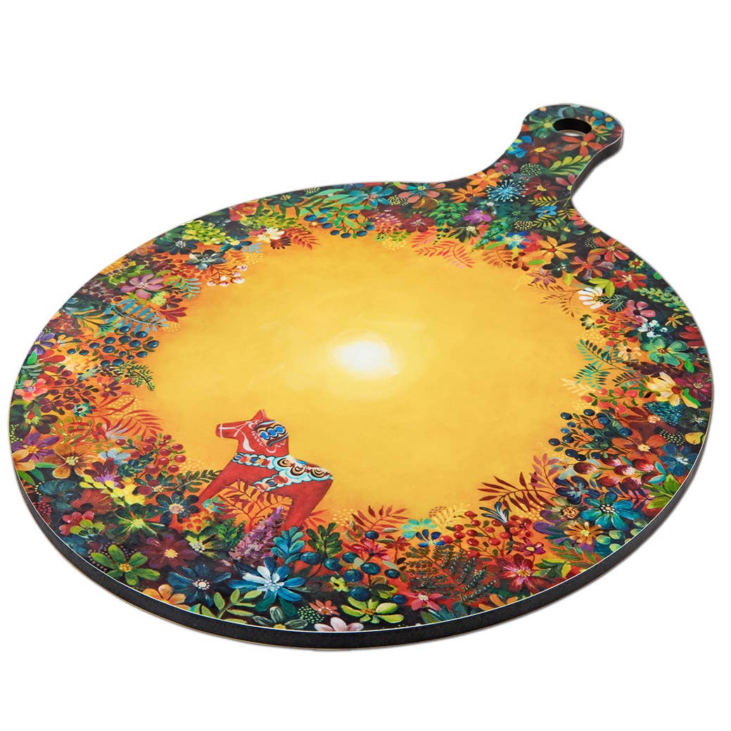 Serving board titled "Light of Grytnäs" measuring 10"x16" (26x40 cm), adorned with a vibrant flower border and central yellow area, showcasing a decorative red Dala Horse design by a Swedish artist.