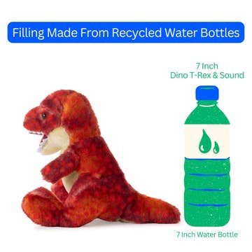 An orange Plush: T-Rex with Roaring Sound from Faire - The Petting Zoo sits beside a green water bottle graphic. Text above reads, “Filling Made From Recycled Water Bottles.” Labels: 9″ T-Rex Dinosaur & Water Bottle. This adorable roaring stuffed dinosaur toy is both eco-friendly and fun!.