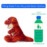 An orange Plush: T-Rex with Roaring Sound from Faire - The Petting Zoo sits beside a green water bottle graphic. Text above reads, “Filling Made From Recycled Water Bottles.” Labels: 9″ T-Rex Dinosaur & Water Bottle. This adorable roaring stuffed dinosaur toy is both eco-friendly and fun!.