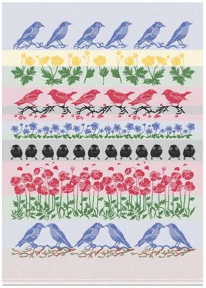 The Tea Towel: Swedish Birds & Poppies Jacquard Tea Towel features a pattern with blue birds and yellow blooms, red birds with green stems, black birds with poppies, and blue ones intertwined with vines. Ideal for a unique kitchen accessory.