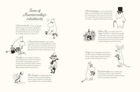 Book: Last Dragon in Moominvalley by Tove Jansson features black-and-white illustrations and brief descriptions of eight Moominvalley characters, including Moomintroll, with simple drawings arranged beside the text.