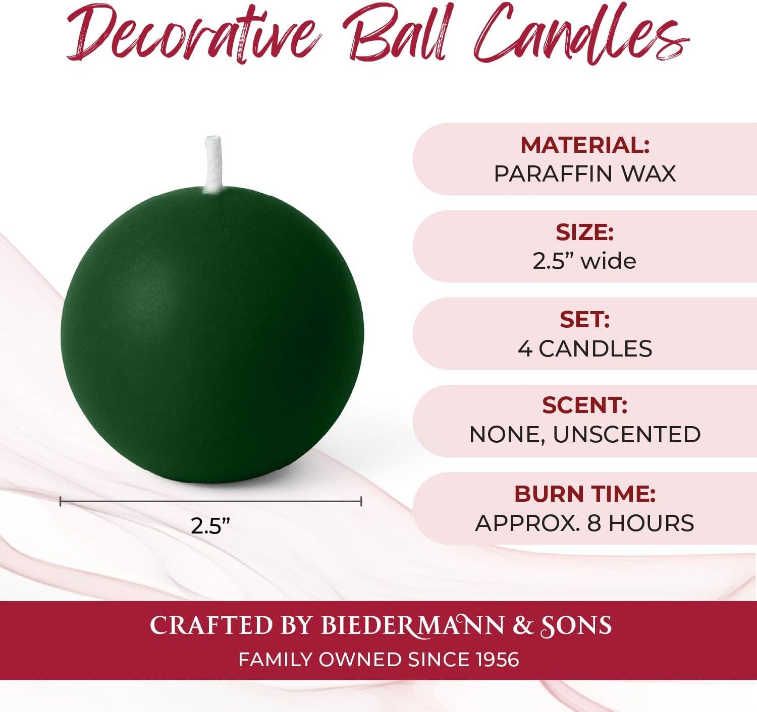 Set of 4 Biedermann & Sons Pine Green Ball Candles, each 2.5" in diameter, unscented paraffin with approx. 8-hour burn time—perfect decorative touch for any occasion.