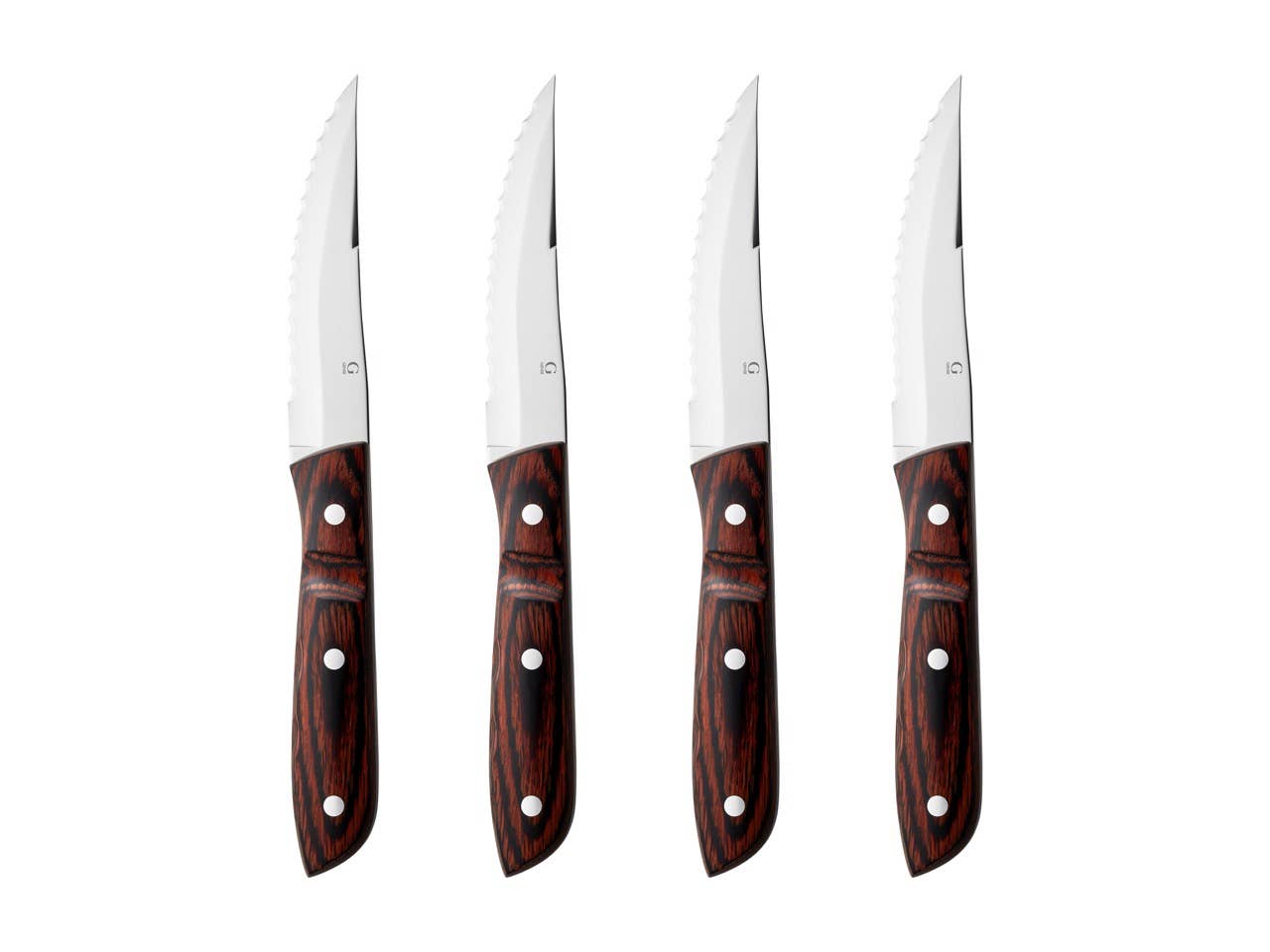Four Gense Old Farmer Steak knife XL Classic knives, featuring steel blades and wooden handles, are arranged vertically against a white background.
