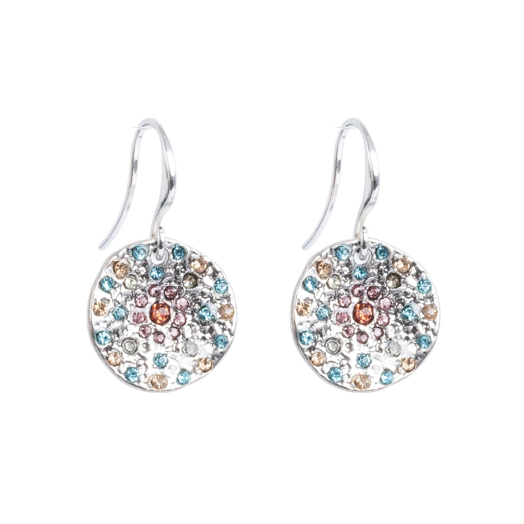 Introducing the A&C Oslo Vibrance Silver Coins Earrings: beautiful silver circles embellished with blue, pink, and amber stones in a harmonious design. Each earring has a hook for effortless elegance.