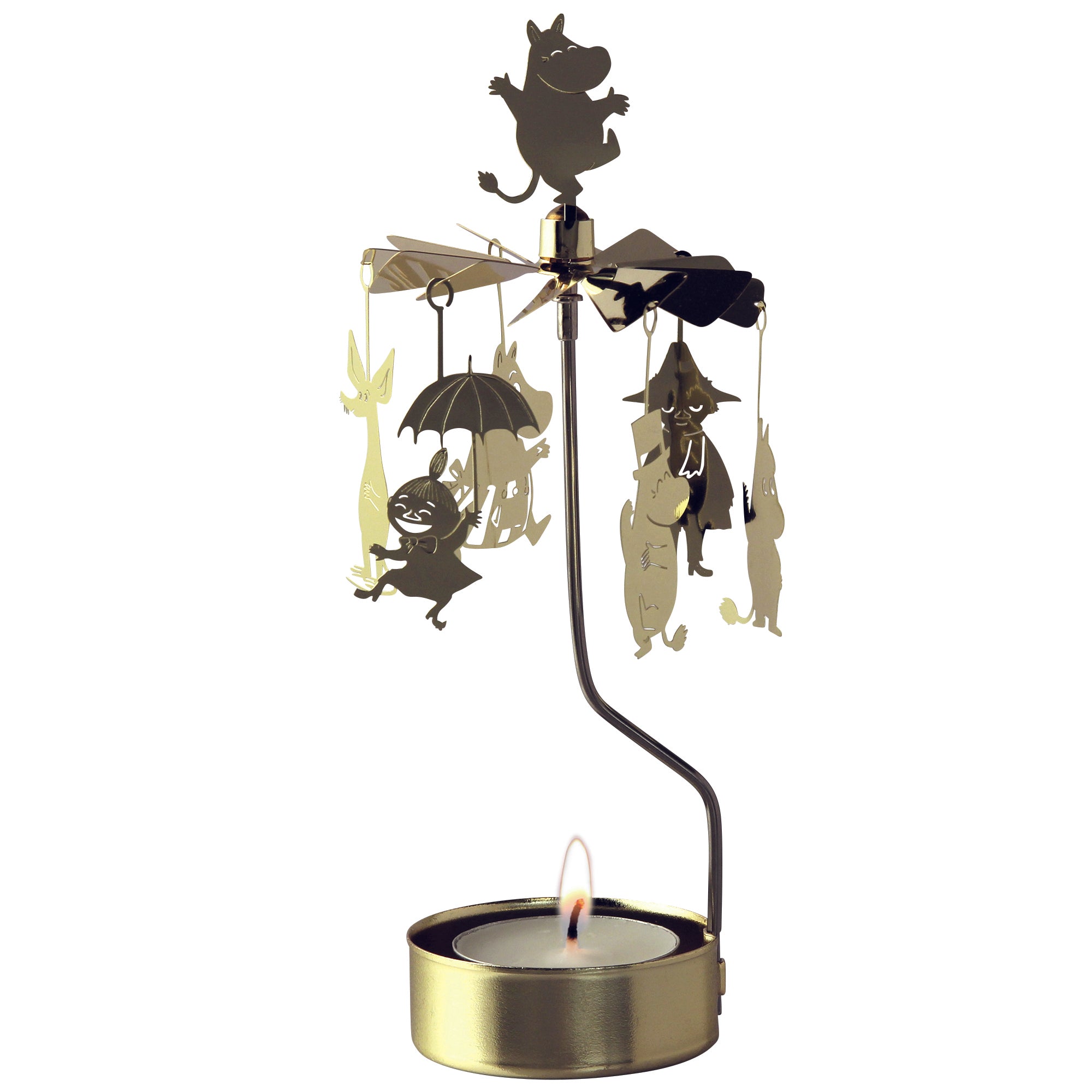 Explore the mesmerizing Candle Holder: Pluto Design Angel Chime Moomin Family Gold, adorned with cut-out mythical figures that twirl elegantly. This enchanting piece houses a lit candle at its base, casting a magical glow reminiscent of the delightful Moomin Family stories.