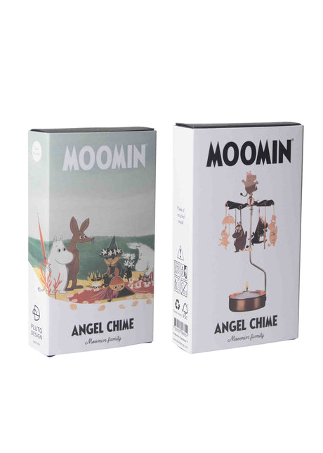 Two boxes of Candle Holder: Moomin Family Rose Color Pluto Design Rotary Candle Holder are shown—one featuring Moomin characters, the other displaying the assembled holder with whimsical figures, ideal for a cozy Christmas Tea Light setting.