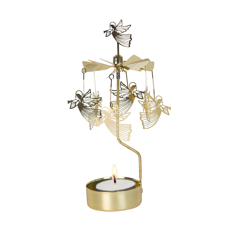 The Pluto Design Gold Flying Angels Rotary Candle Holder features enchanting gold angels gracefully rotating around a lit tealight, creating an angelic chime effect.