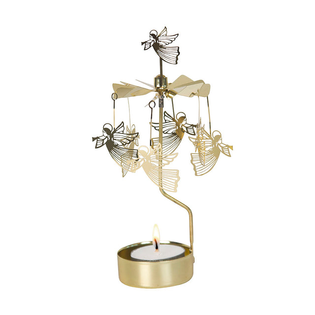 The Pluto Design Gold Flying Angels Rotary Candle Holder features enchanting gold angels gracefully rotating around a lit tealight, creating an angelic chime effect.