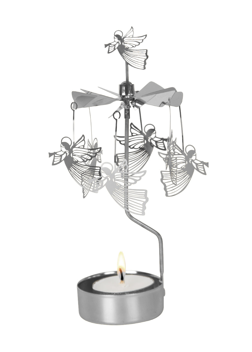 A Pluto Design Silver Flying Angels Rotary Candle Holder elegantly spins above a lit tealight candle, showcasing the grace of flying angels as they dance in the soft glow.