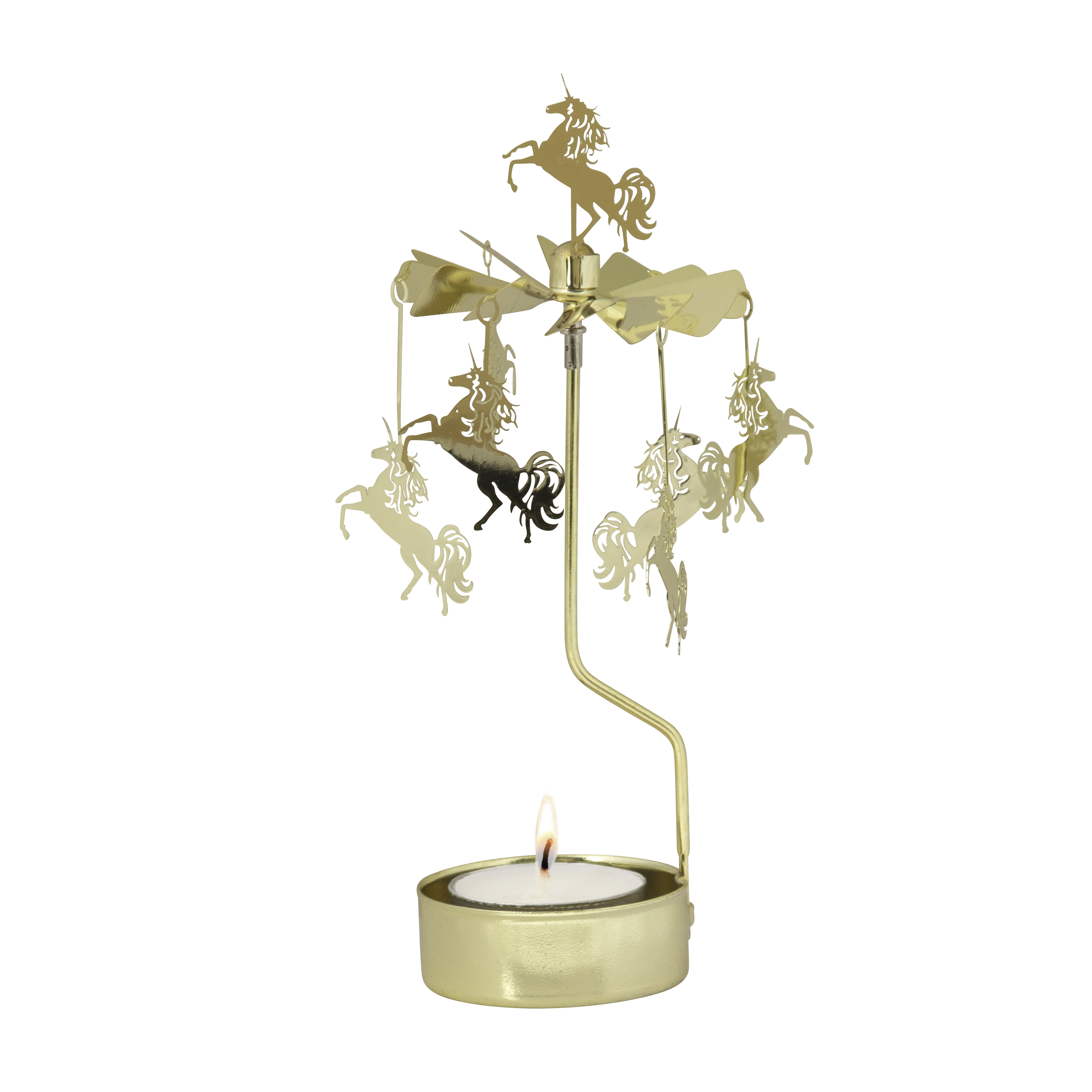 The Pluto Design Angel Chime Unicorn Rotary Candle Holder Gold features a spinning carousel of unicorns gracefully rotating above a lit tea light on a black background.