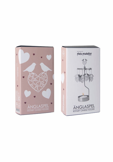 Two pink and white boxes for the Candle Holder: Love Birds Pluto Design Bird Heart "Love Birds," with charming bird heart art on one side and a product image featuring a tea light candle on the other.