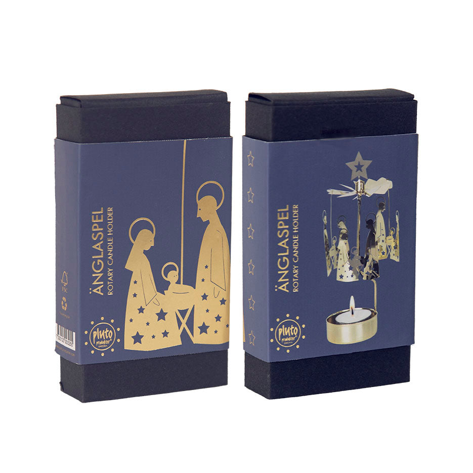 Two boxes of Candle Holder: Pluto Design Angel Chime Crib Family - Nativity Family Gold, with their elegant black and gold accents, are a perfect addition to your Christmas holiday tradition. These rotary candles exquisitely capture the essence of the season.