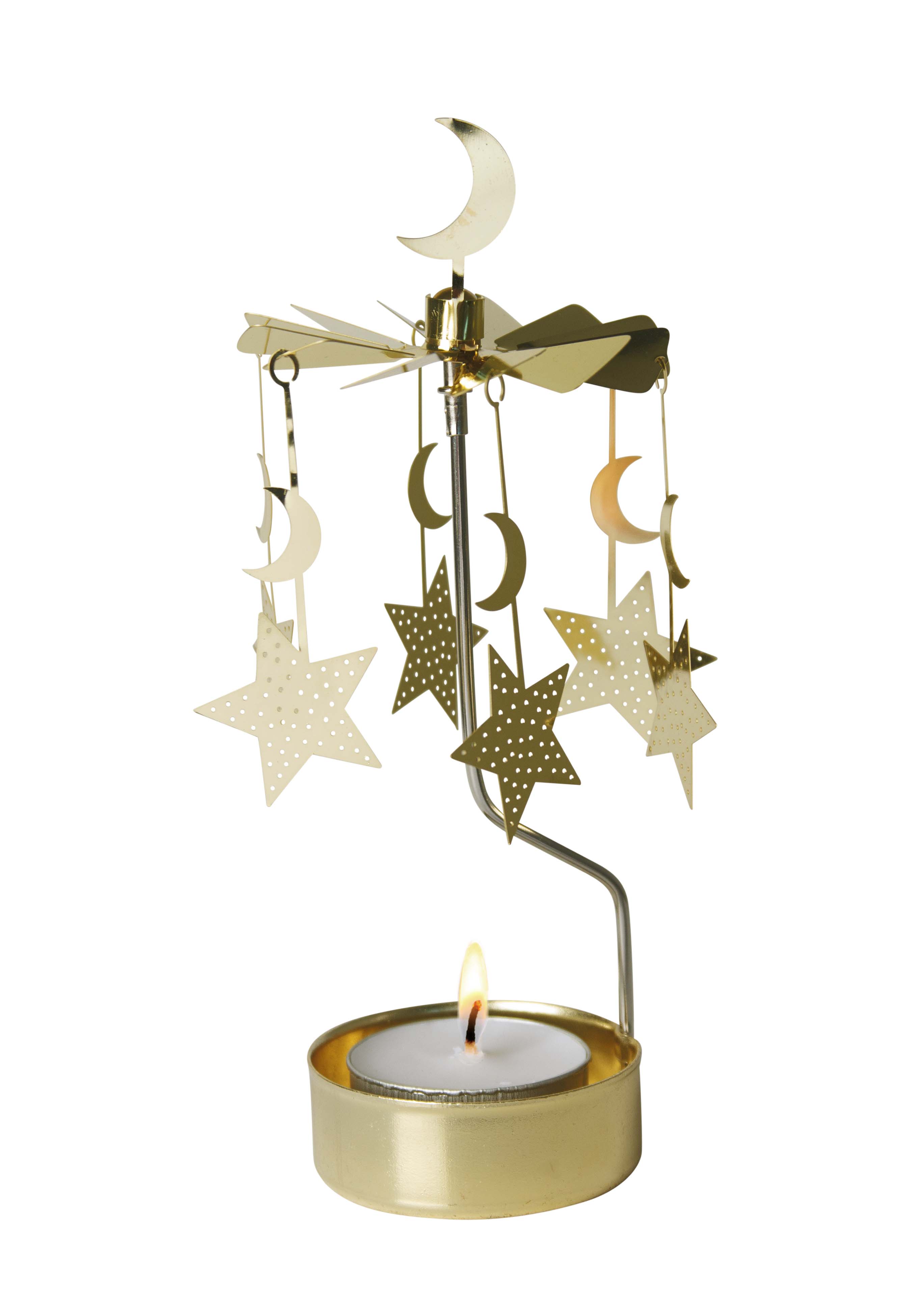 A Pluto Design Gold Moon & Stars Rotary Candle Holder features a beautiful golden star and moon mobile that twirls above a lit tealight candle, casting captivating shadows reminiscent of silver flying angels in motion.