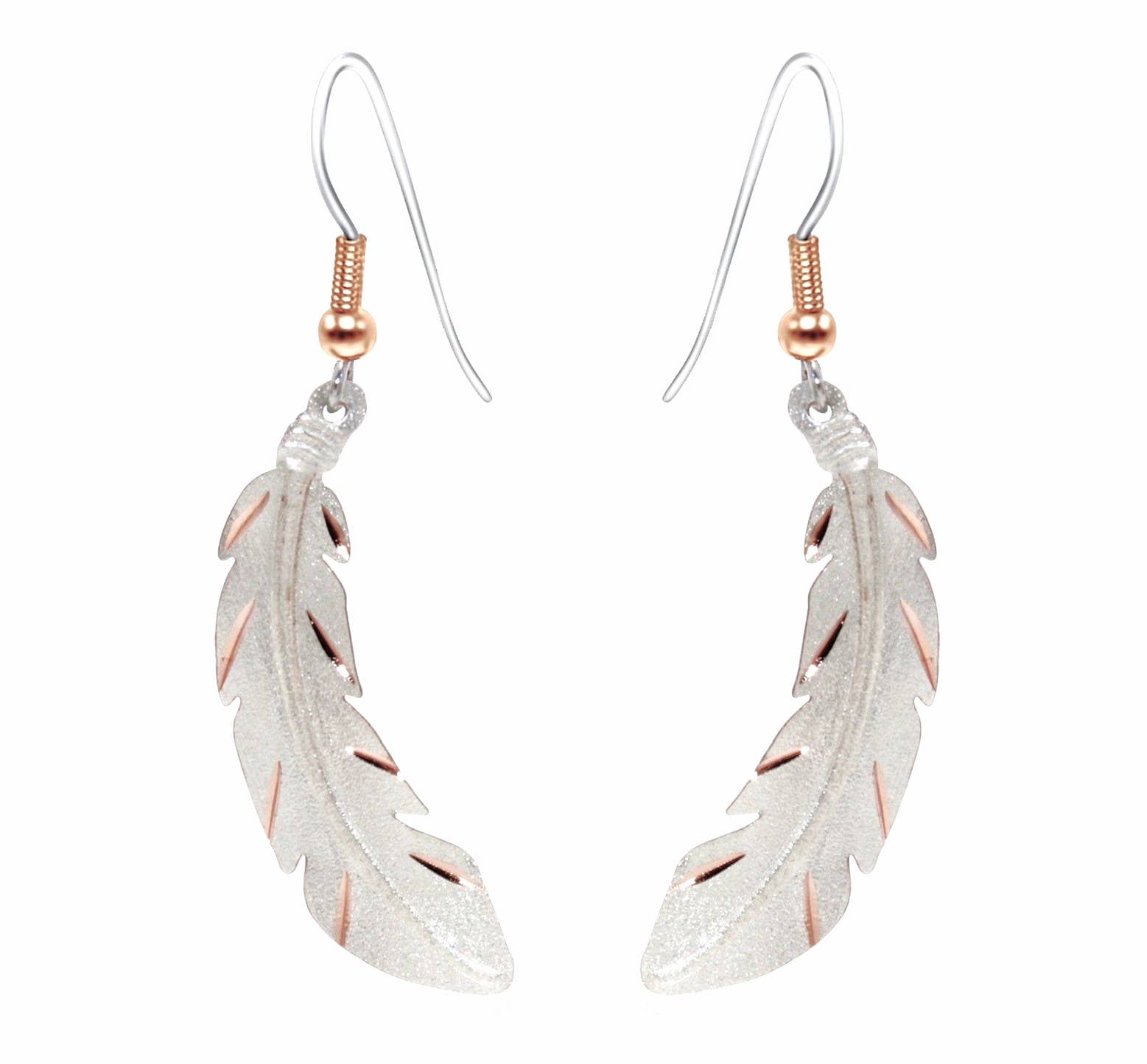 The Copper Feather Silver Plated Textured Earrings feature a metallic finish, hook fastenings, and gold accents—perfect handmade earrings to add a unique touch to any look.