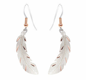 The Copper Feather Silver Plated Textured Earrings feature a metallic finish, hook fastenings, and gold accents—perfect handmade earrings to add a unique touch to any look.