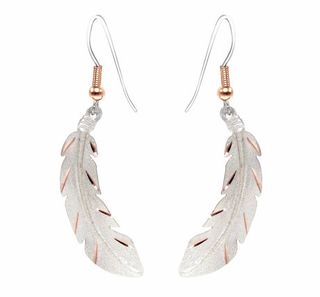 The Copper Feather Silver Plated Textured Earrings feature a metallic finish, hook fastenings, and gold accents—perfect handmade earrings to add a unique touch to any look.