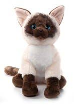 Introducing the Plush Siamese Cat 12", an adorable stuffed animal made from recycled water bottles, featuring brown and cream fur with striking blue eyes while sitting upright.