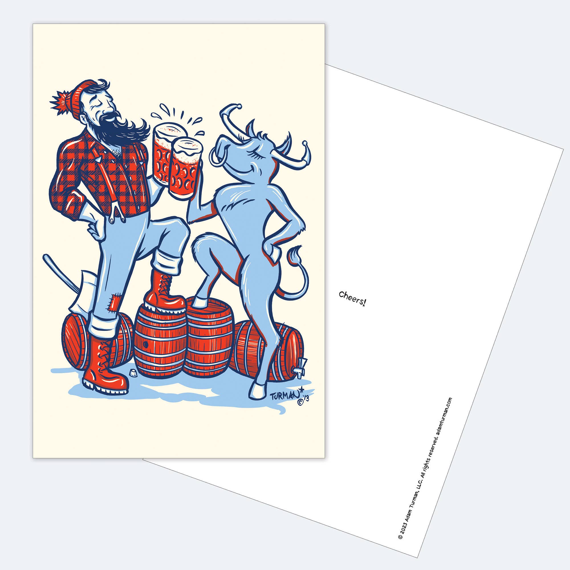 Illustration of a bearded man in plaid and boots clinking beer mugs with a bull on barrels, in collectible print style. This unique Minnesota postcard, Postcards: MN Abbey Road, features Cheers! on the back.
