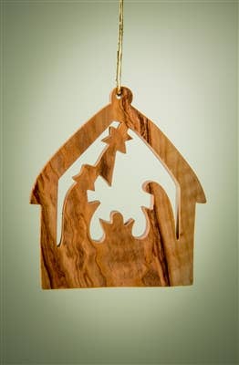 Beautifully crafted from rich Olive Wood, the "Stable with Nativity" ornament features a carved silhouette of Mary, Joseph, and baby Jesus under a stable. Capturing the essence of Bethlehem, it hangs elegantly by a string, adding a hint of the Holy Land to your home decor.