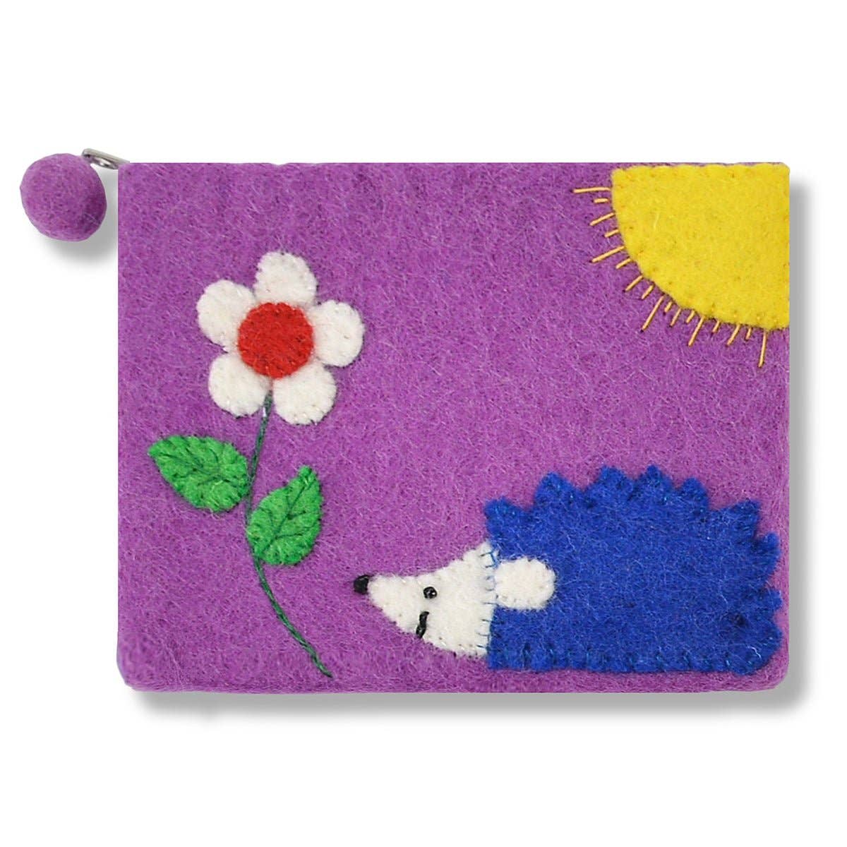 Purse: Hedgehog and Flower Coin Purse: Blue 100% Wool with Pom Pom on Zipper