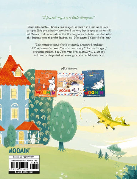 A yellow dragon soars over a grassy field by a colorful house; at the center is Book: Last Dragon in Moominvalley by Tove Jansson, with text highlighting the story and Moomintroll’s adventures in the Moomin series.