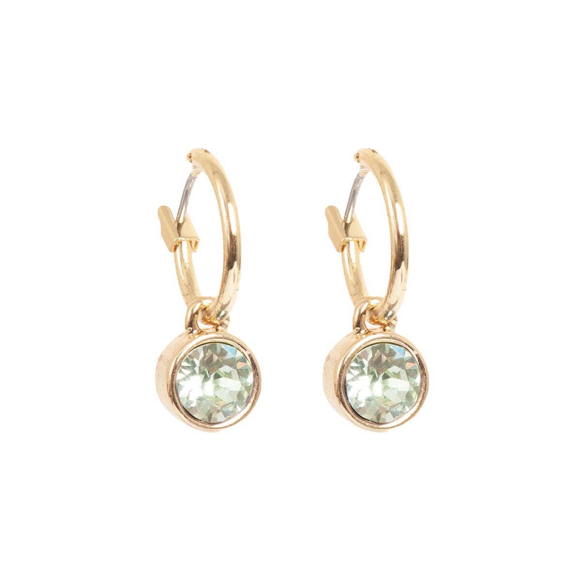 A pair of A&C Oslo Stud Gold Earrings featuring round, light green Chrysolite Swarovski crystals.