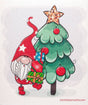A gnome in a red hat holding gifts stands beside a Christmas tree with red ornaments and a star topper, next to Swedish Dishcloths.