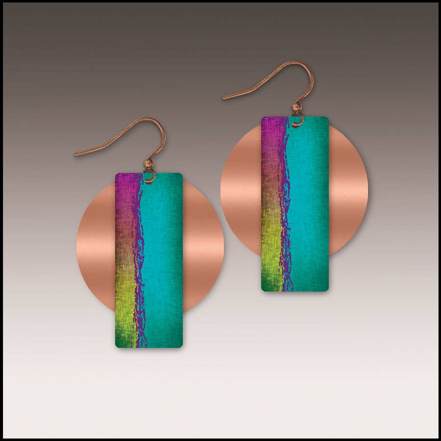 Earrings: Multicolor Copper Accent Multilayer Earrings feature handcrafted copper-tone discs, teal rectangular pendants, and vertical stripes in purple, blue, and green. These hypoallergenic earrings add artistic flair to any outfit.