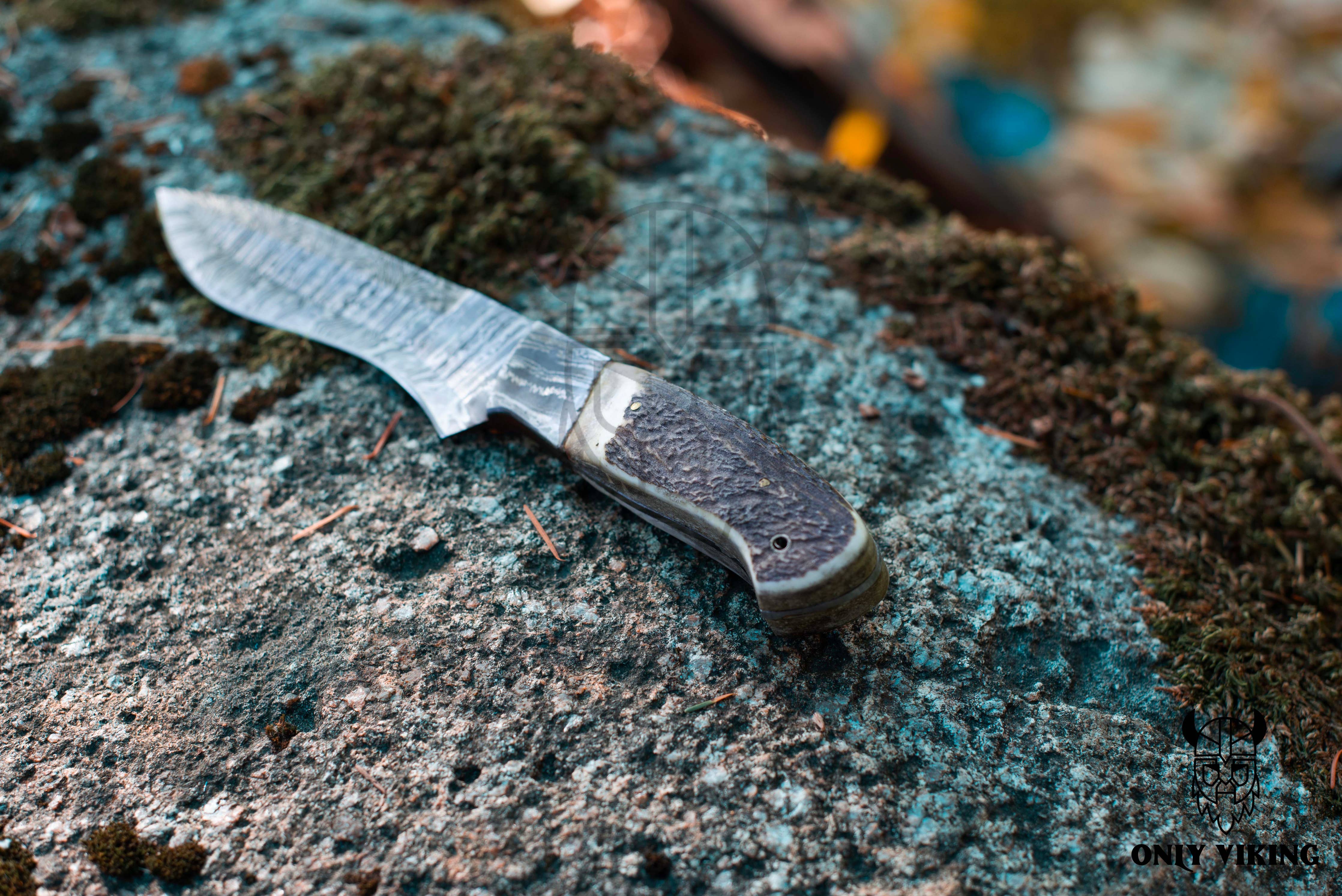 The Damascus Hunting Knife with a leather sheath, featuring a textured dark handle and a shiny silver blade, rests on a moss-covered rock, ready for any outdoor activities.