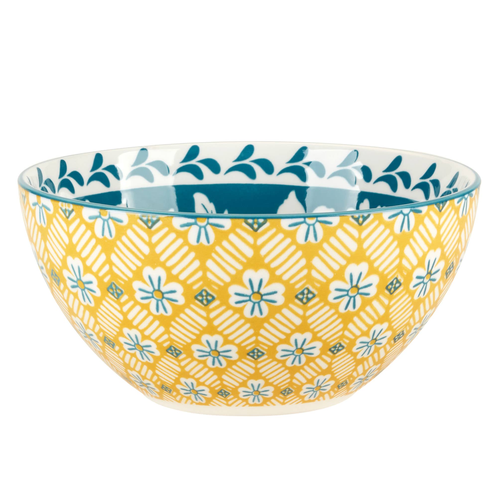The Bowls: Multi-Color Patterned Porcelain All Purpose Bowl 6.25in 6 features vibrant geometric floral and blue leaf designs, perfect for anyone who loves stylish, multi-color patterned porcelain bowls.