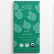 Chocolate bar in a green wrapper with leaf art, labeled “STED Mint Mocha 50% Dark Milk Chocolate,” and showing USDA Organic certification.