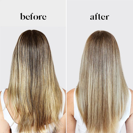 Side-by-side comparison of a woman’s long, color-treated hair before and after using Kitsch Hair: Purple Toning Shampoo & Conditioner Bar Combo (2 x 2.7 oz), showing smoother, lighter hair in the after image.