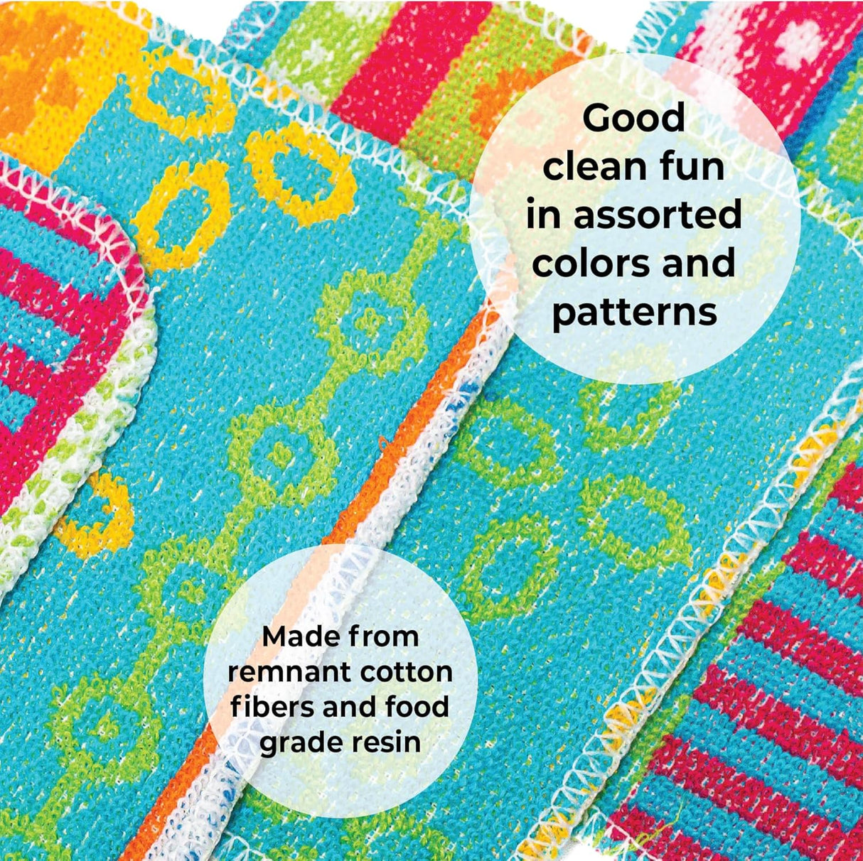 Close-up of vibrant, patterned Skoy Scrub Cloths by Skoy Enterprises with visible stitching. Text: Good clean fun—eco-friendly kitchen scrubbers made from remnant cotton fibers and food-grade resin.