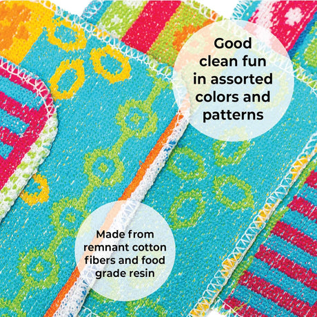 Close-up of vibrant, patterned Skoy Scrub Cloths by Skoy Enterprises with visible stitching. Text: Good clean fun—eco-friendly kitchen scrubbers made from remnant cotton fibers and food-grade resin.